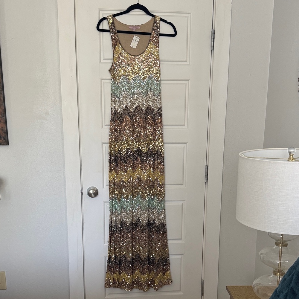 Calypso St. Barth Sequin Maxi Dress in Gold and Brown